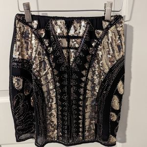 New! Designer Molly Bracken Skirt black and gold beaded mini party Holiday sz XS